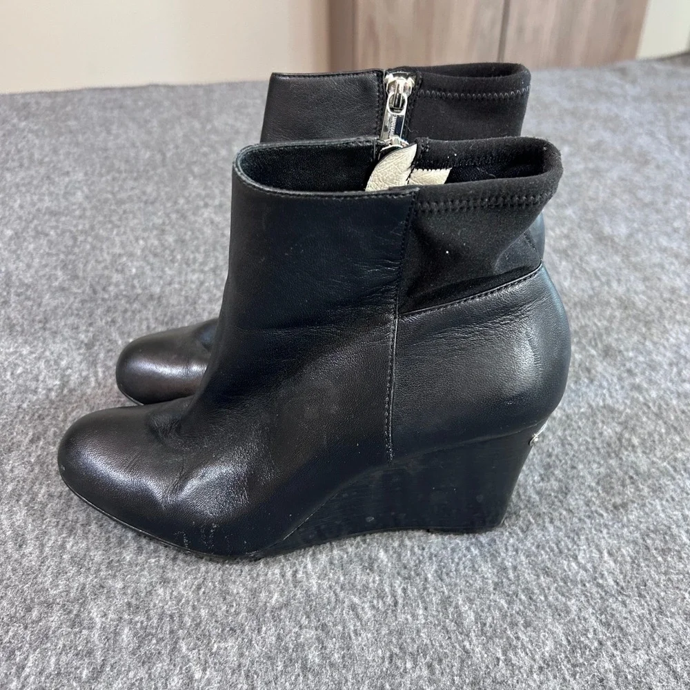 Michael Kors Black Leather Wedge Ankle Boots Side Zip Sock Bootie 6.5M